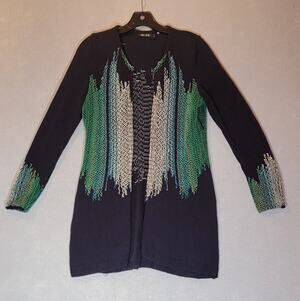 NIC+ZOE Abstract Knit Cardigan Sweater Navy Blue Green Size Small
